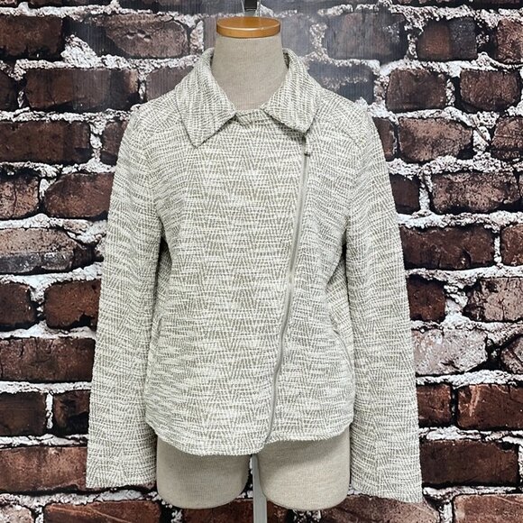 Max Studio Nordstrom NWT Jacket Diagonal Zip Knit Collar Tan White Size Large L - Picture 5 of 17